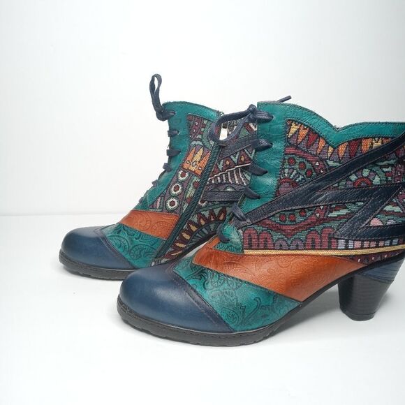 SOCOFY Bohemian Splicing Pattern Block Zipper Ankle Leather Boots - Picture 6 of 10